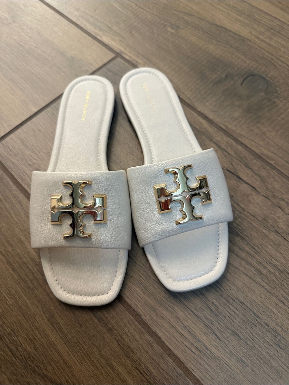 Tory Burch White Leather Slide Sandals with Gold Double-T Emblem